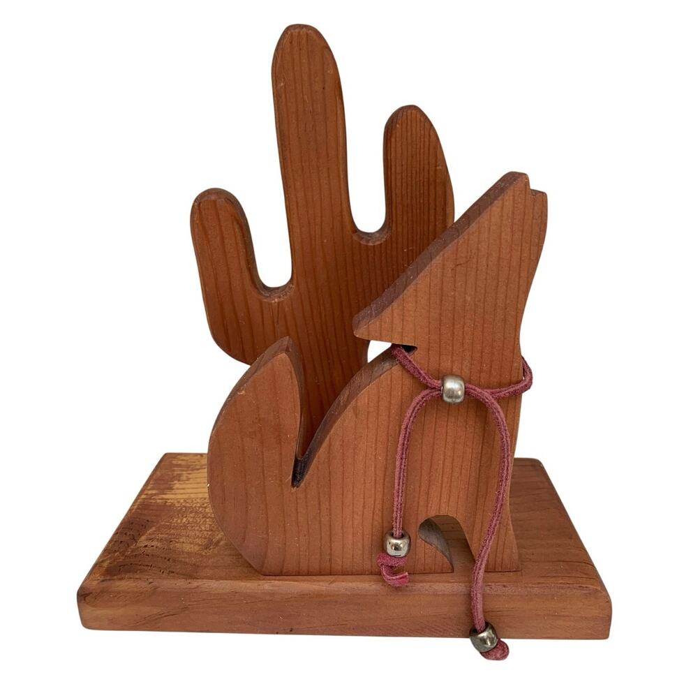 Hand Carved Wood Southwest Cactus Coyote Napkin or Bill Holder